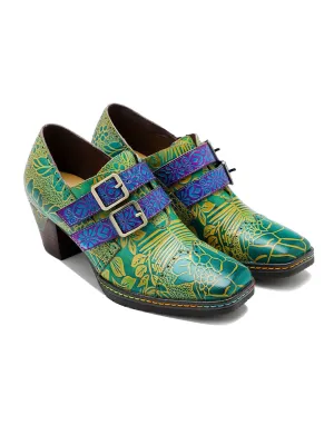 Genuine Leather Floral Embossed Double Strap Low Heel Monks Oxford Shoes