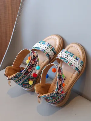 Girls' Boho Tribal Print Sandals with Pom-Poms By Liv and Mia