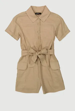 Girls Tie Waist Belted Utility Romper
