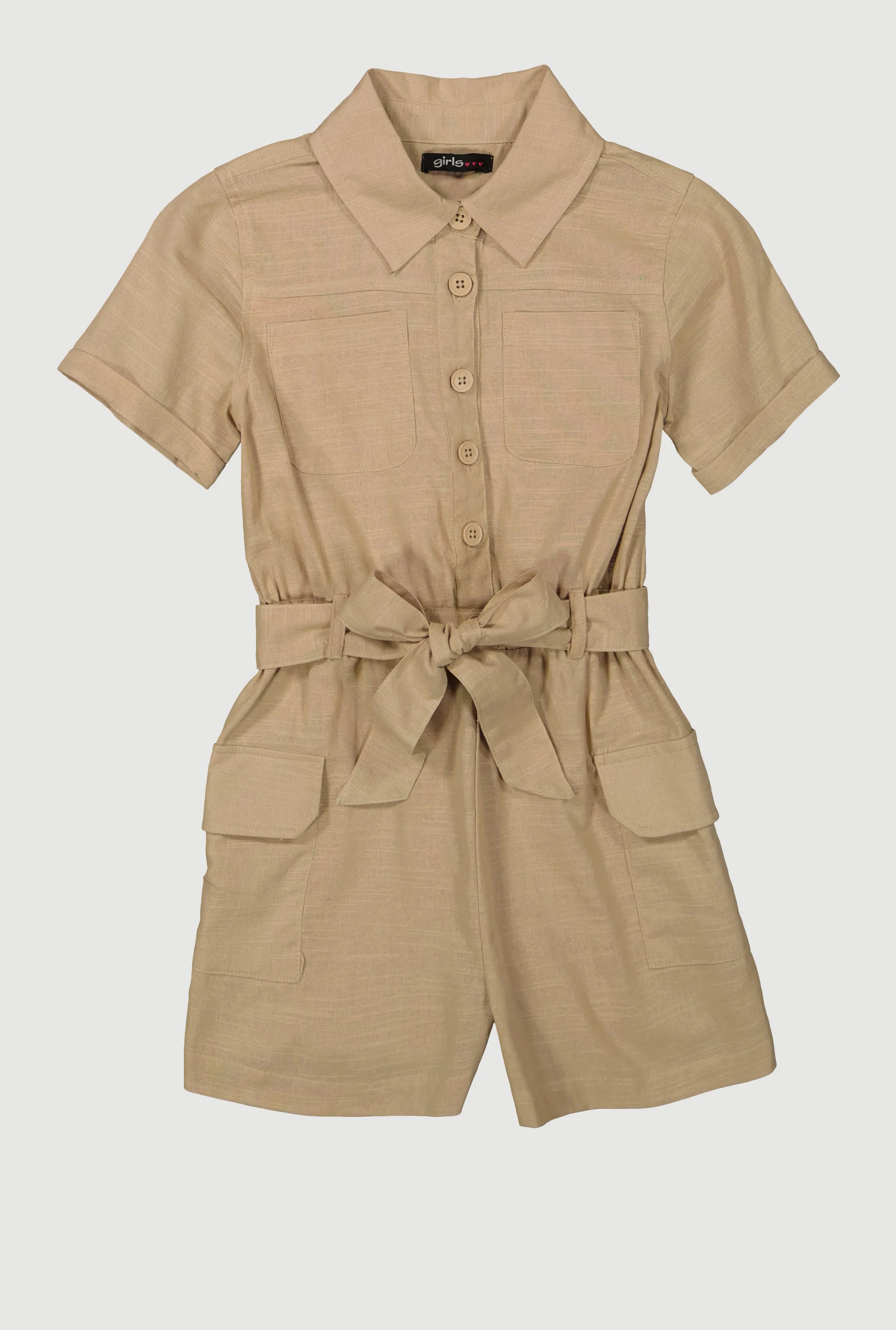 Girls Tie Waist Belted Utility Romper