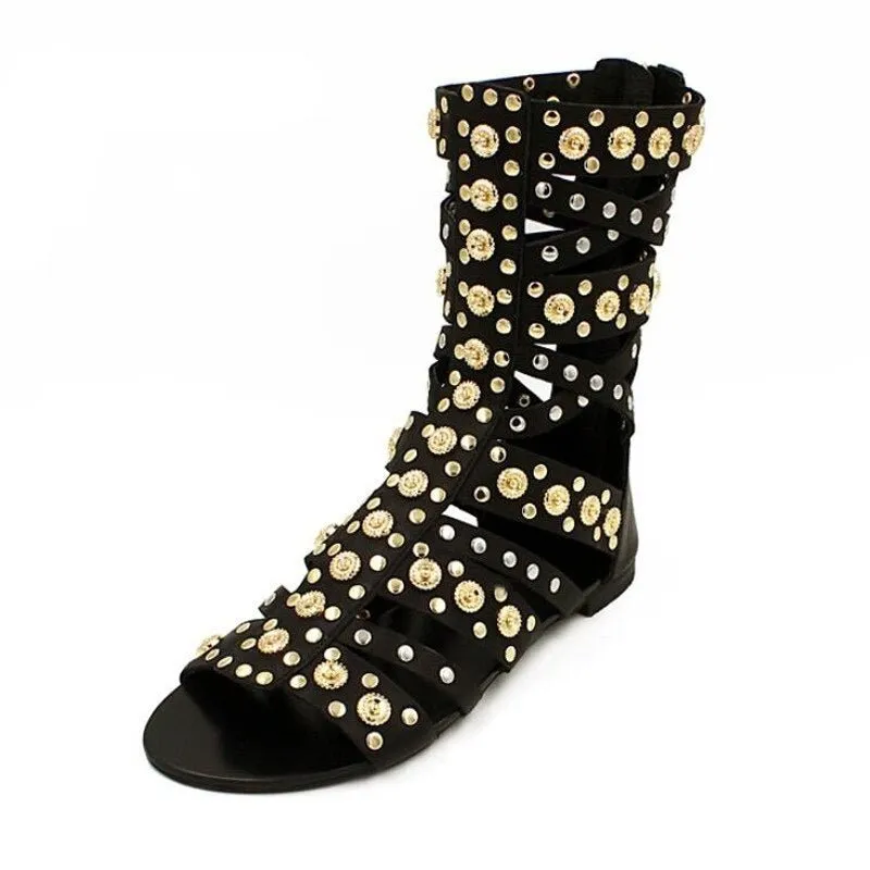 Gold Rivet Studs Women Knee High Gladiator Sandals Boots Open Toe