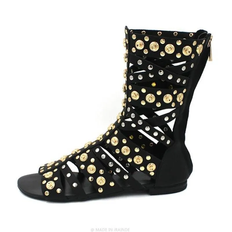 Gold Rivet Studs Women Knee High Gladiator Sandals Boots Open Toe