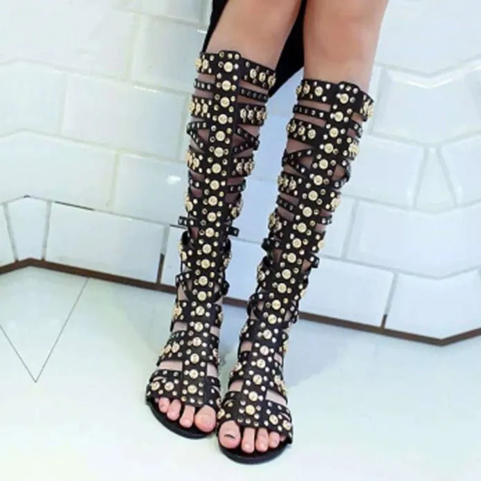 Gold Rivet Studs Women Knee High Gladiator Sandals Boots Open Toe
