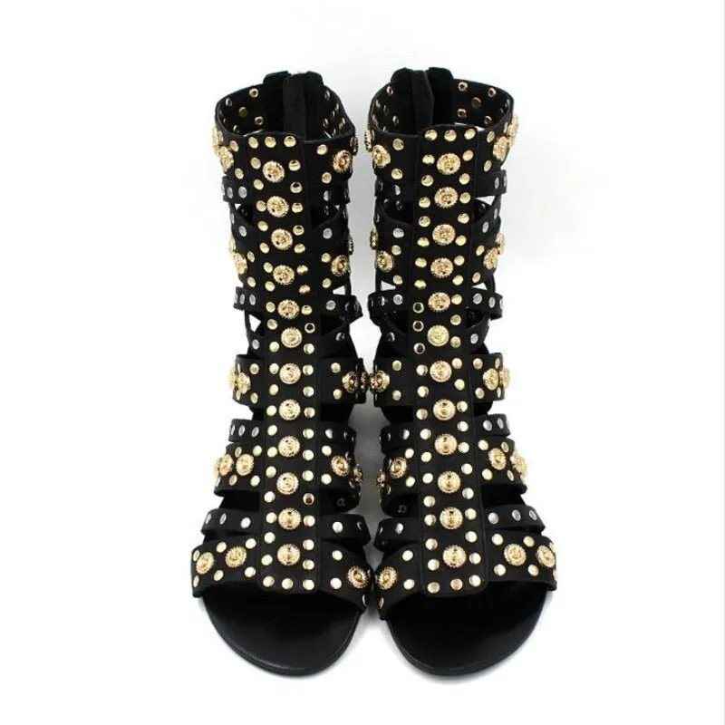 Gold Rivet Studs Women Knee High Gladiator Sandals Boots Open Toe