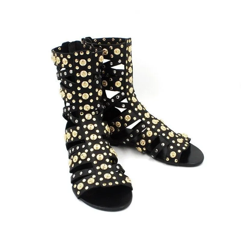 Gold Rivet Studs Women Knee High Gladiator Sandals Boots Open Toe