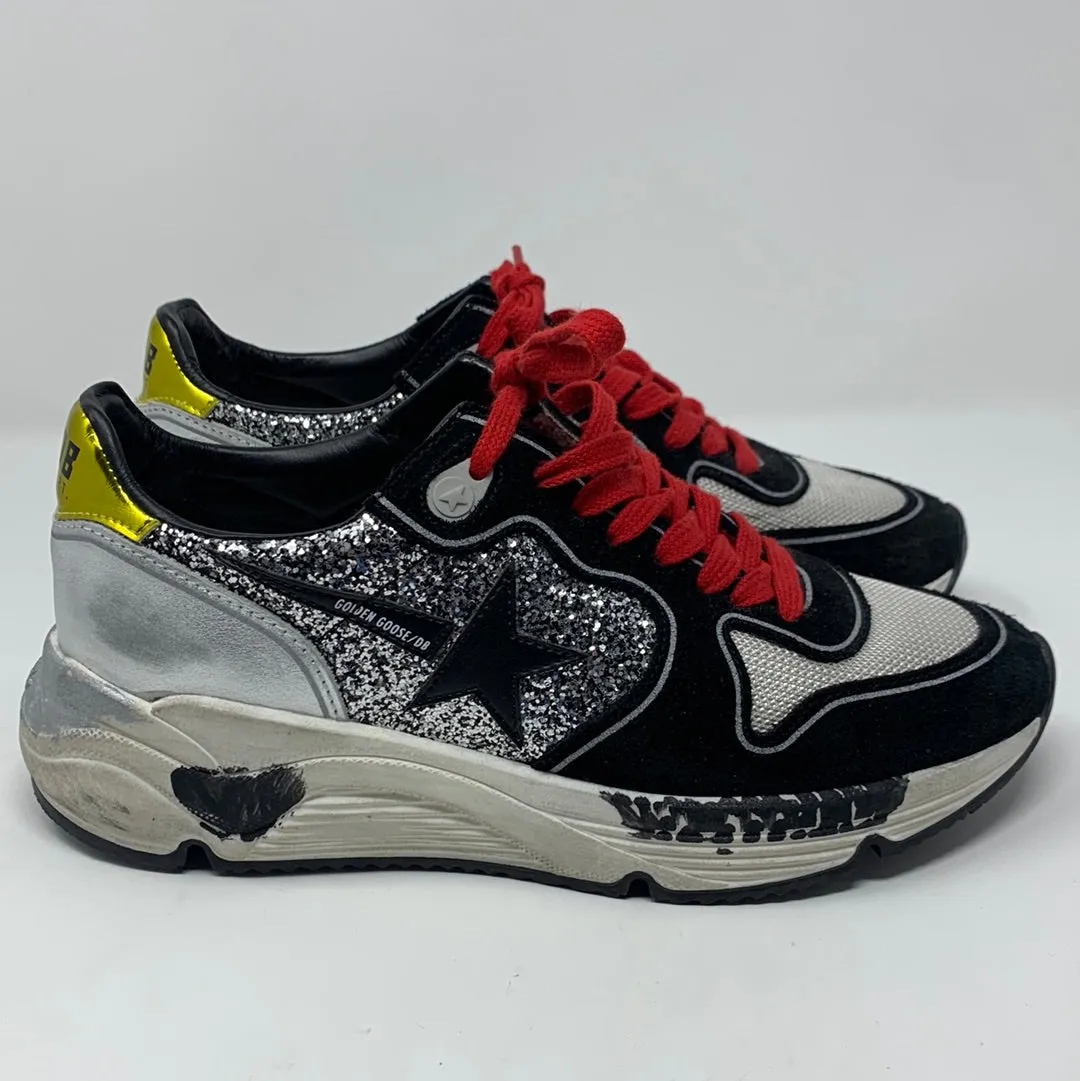 Golden Goose Silver Glitter Running Sneaker with Red Shoelaces