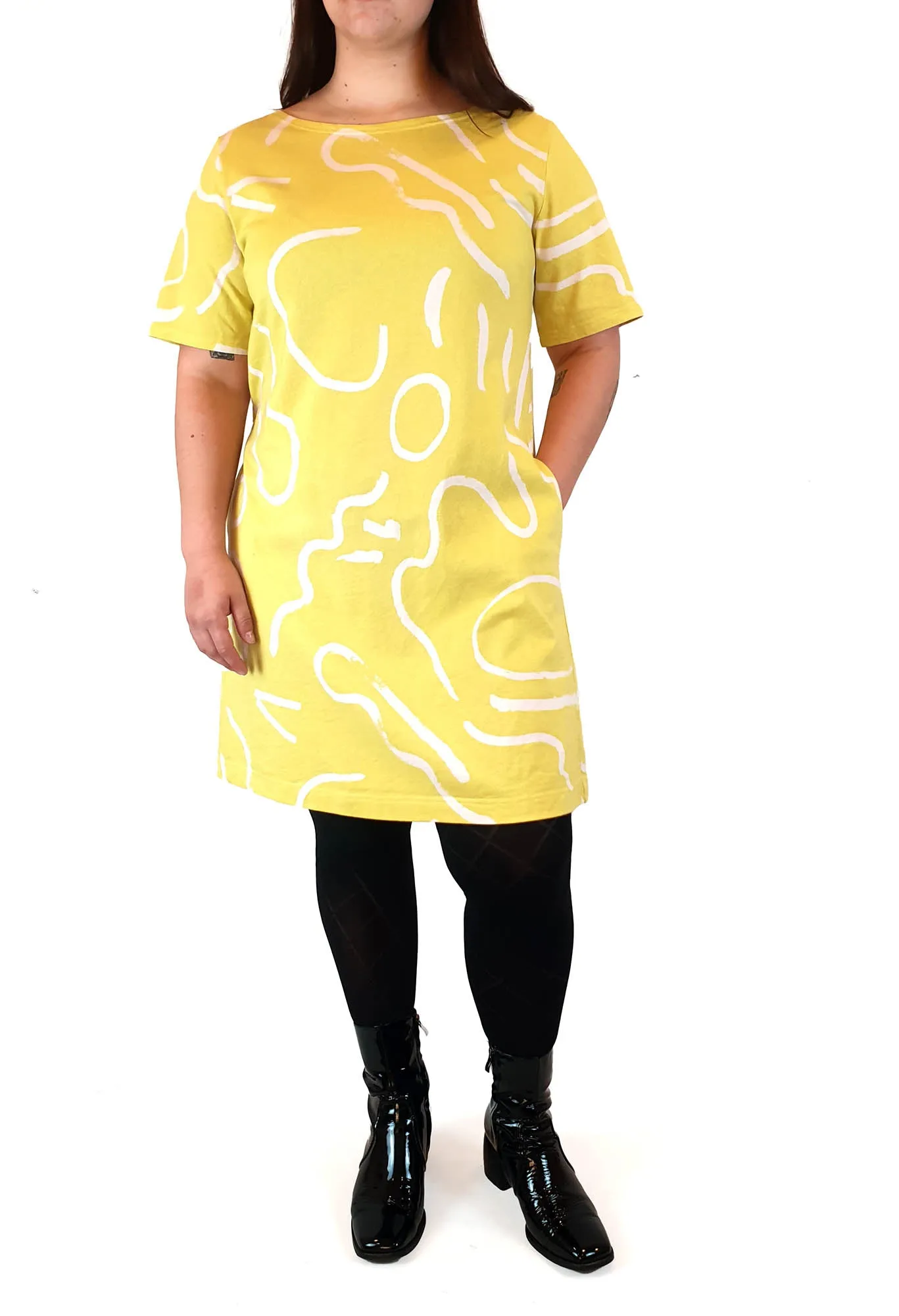 Gorman lime yellow tee shirt dress with squiggle print size L