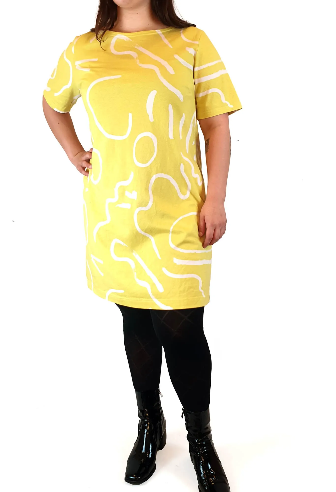 Gorman lime yellow tee shirt dress with squiggle print size L