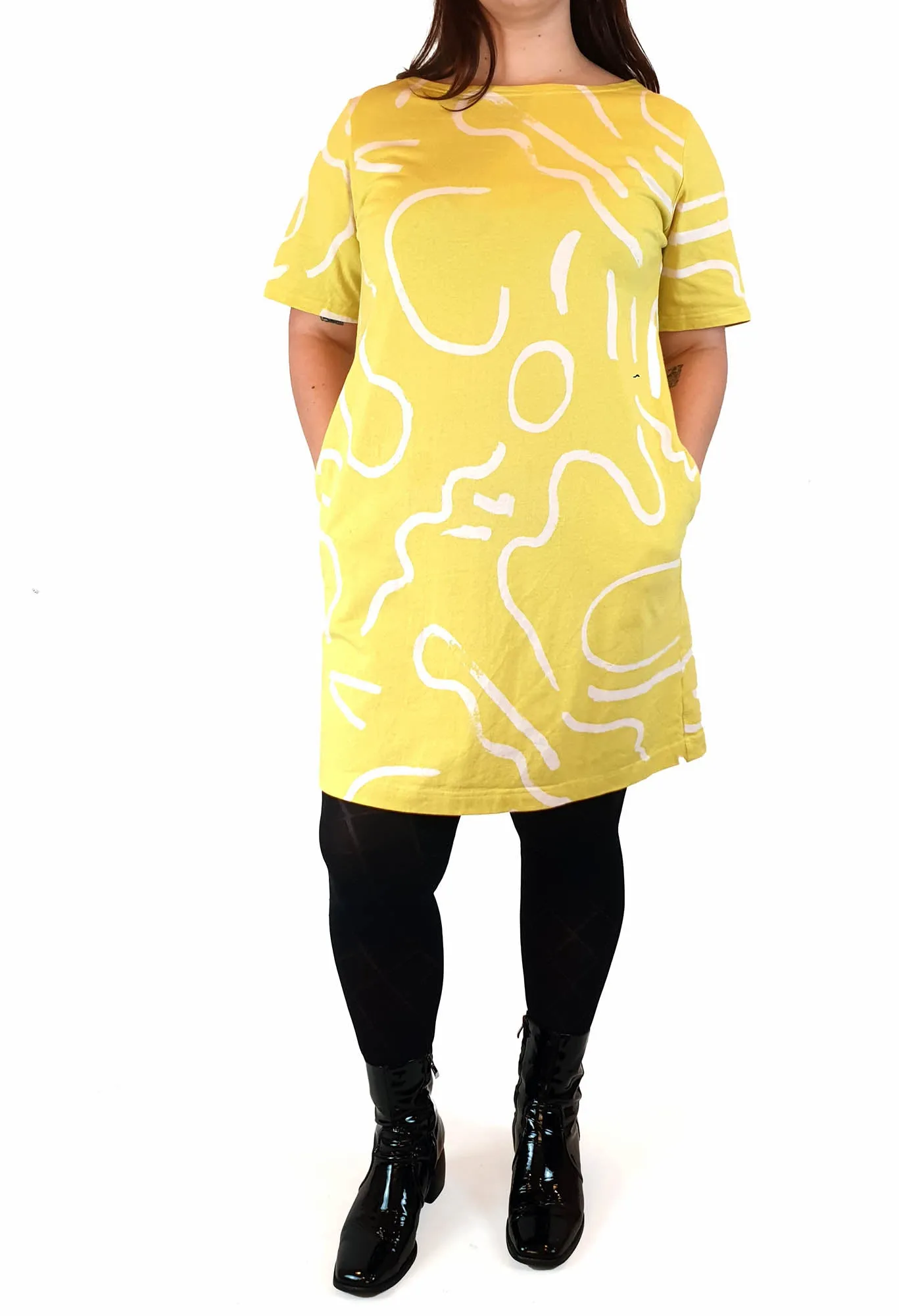 Gorman lime yellow tee shirt dress with squiggle print size L
