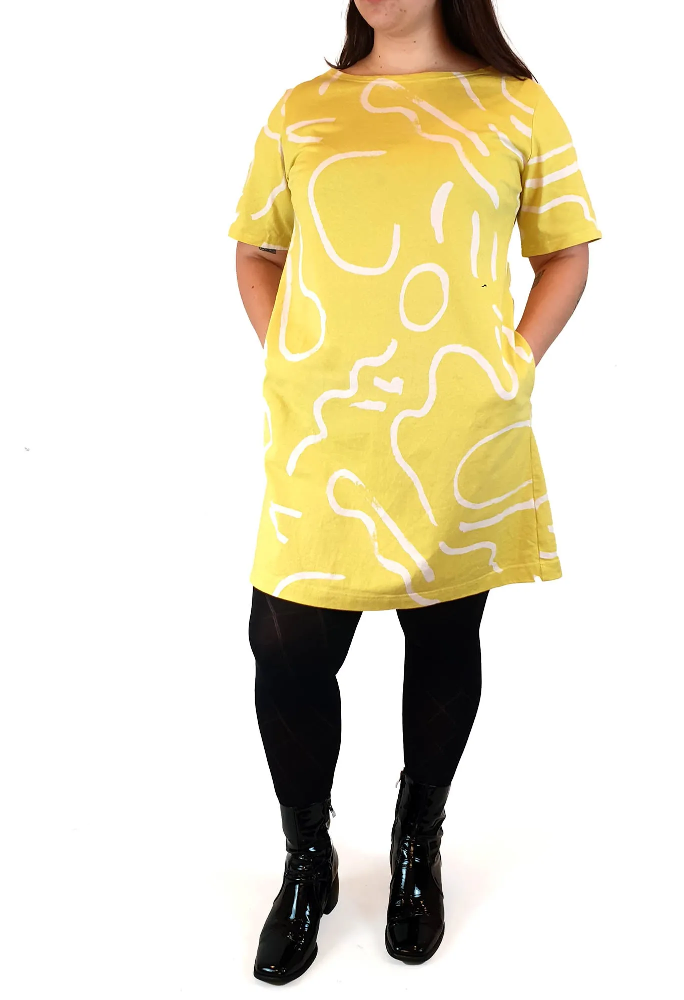 Gorman lime yellow tee shirt dress with squiggle print size L