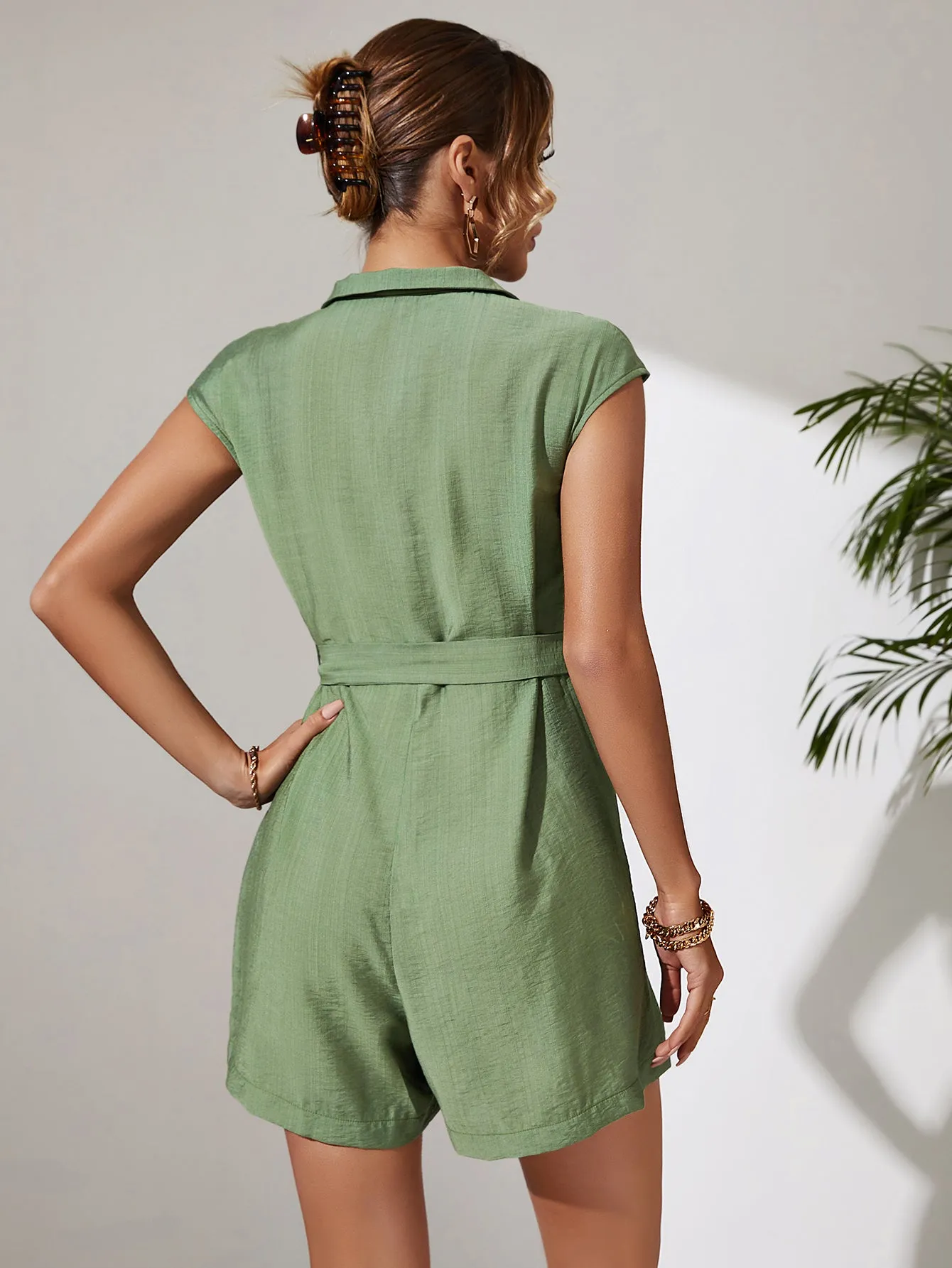 Green Front Zip Utility Playsuit