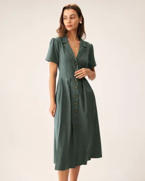 Green V Neck Pleated Button Midi Dress