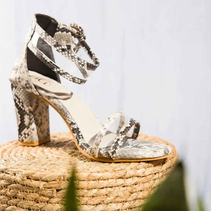 Grey Snake Print Block Heels
