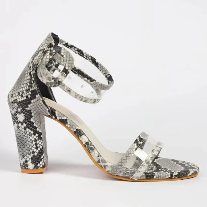 Grey Snake Print Block Heels
