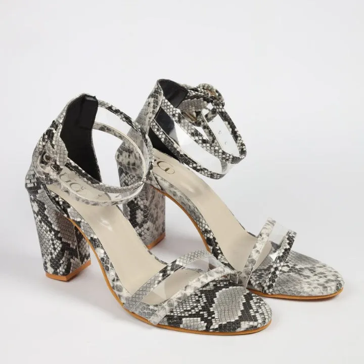 Grey Snake Print Block Heels