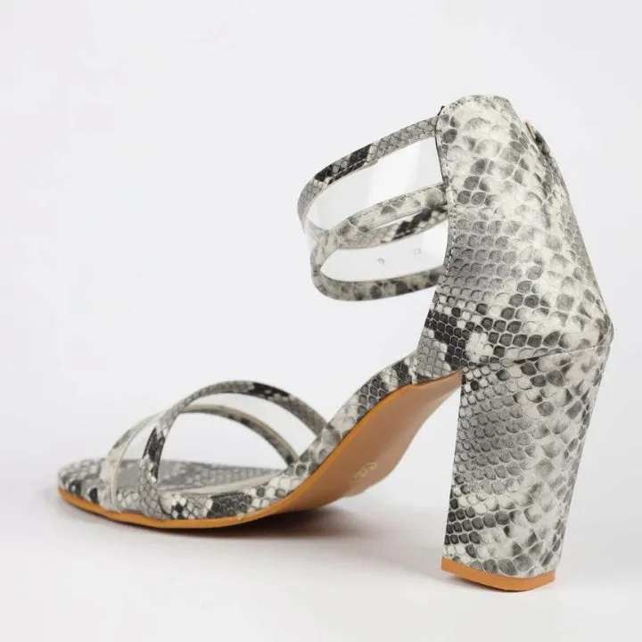 Grey Snake Print Block Heels