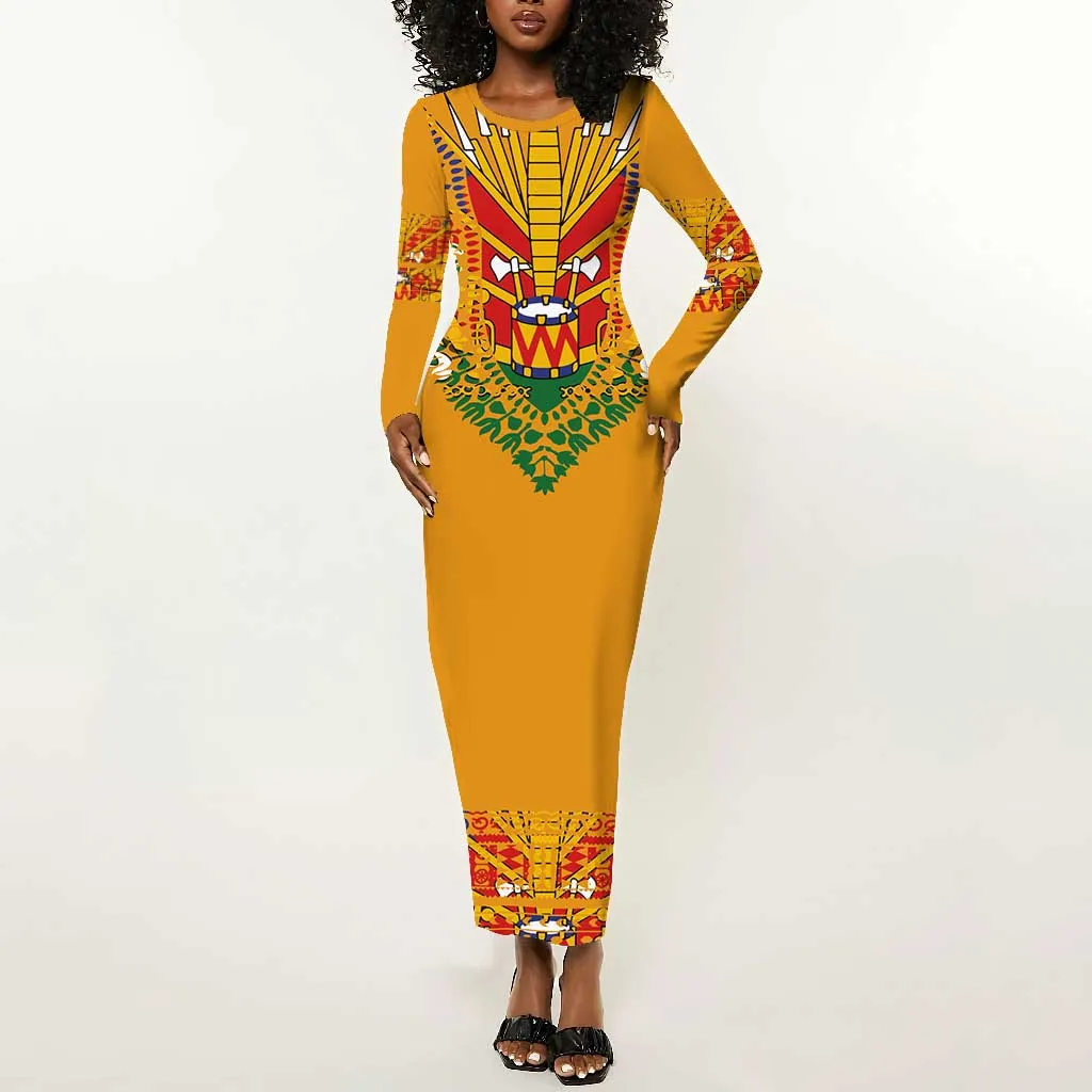 Haiti Flag Long Sleeve Bodycon Dress Traditional Dashiki Yellow Color LT03