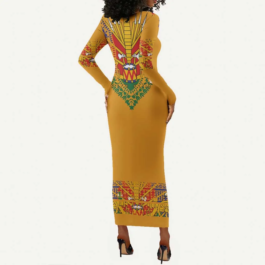 Haiti Flag Long Sleeve Bodycon Dress Traditional Dashiki Yellow Color LT03