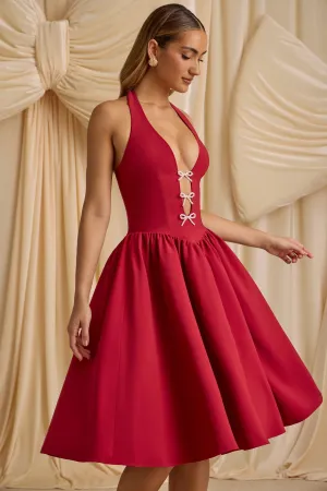 Halterneck Bow-Detail Midi Dress in True Red