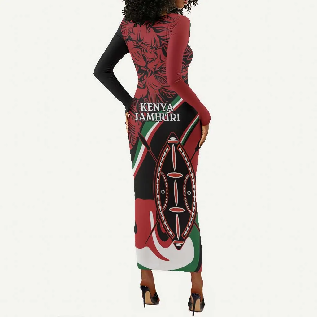 Happy Jamhuri Day Kenya Long Sleeve Bodycon Dress Kenyan Lion and Maasai Shield LT9