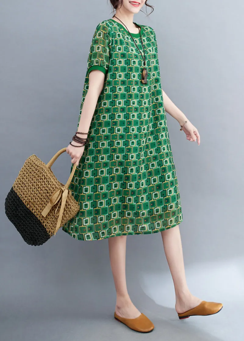Holiday Ladies Green Printed Draped Chiffon Dress Summer