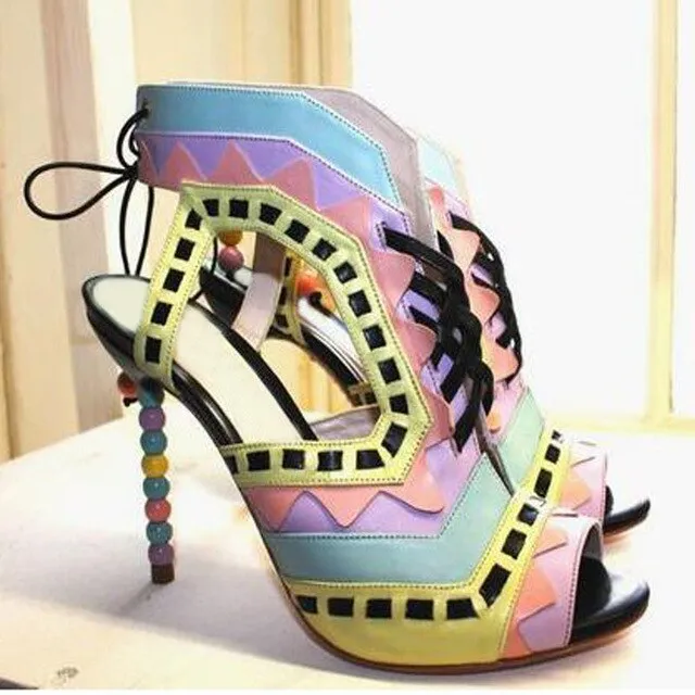 Hot Beading Spliced Heels Sandals Geometry Suede Patchwork Multi Beads Slingback Lace Up Sandals Peep Toe Stage Show Shoes