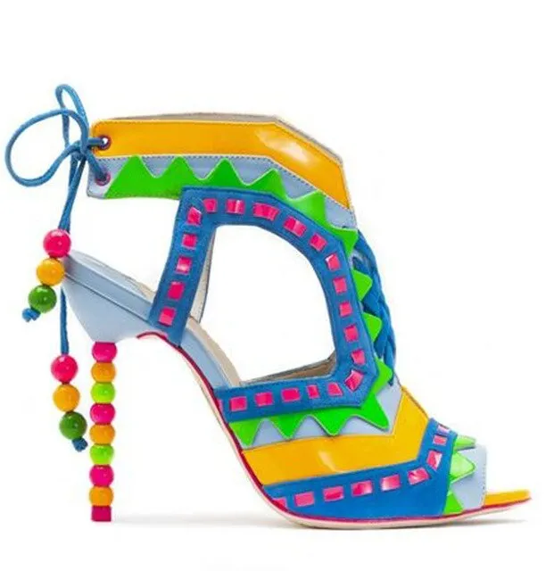 Hot Beading Spliced Heels Sandals Geometry Suede Patchwork Multi Beads Slingback Lace Up Sandals Peep Toe Stage Show Shoes