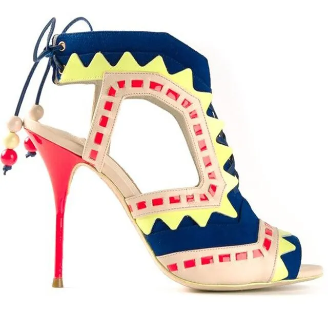 Hot Beading Spliced Heels Sandals Geometry Suede Patchwork Multi Beads Slingback Lace Up Sandals Peep Toe Stage Show Shoes