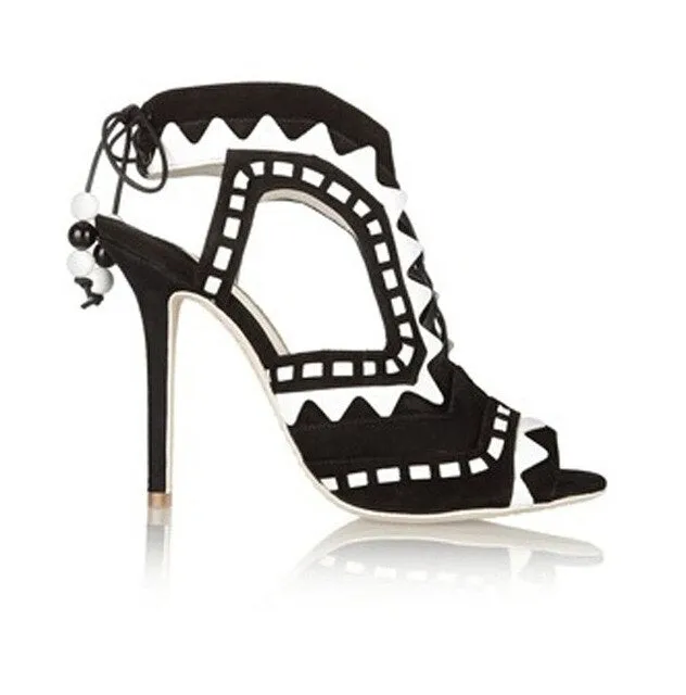 Hot Beading Spliced Heels Sandals Geometry Suede Patchwork Multi Beads Slingback Lace Up Sandals Peep Toe Stage Show Shoes