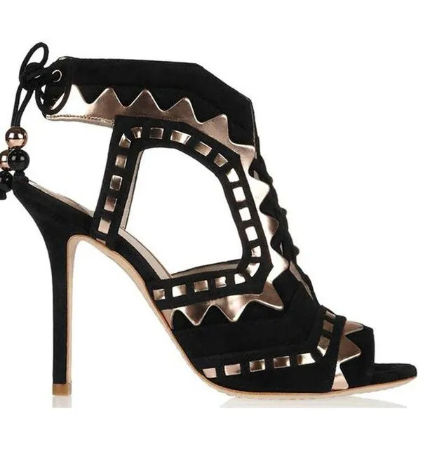 Hot Beading Spliced Heels Sandals Geometry Suede Patchwork Multi Beads Slingback Lace Up Sandals Peep Toe Stage Show Shoes