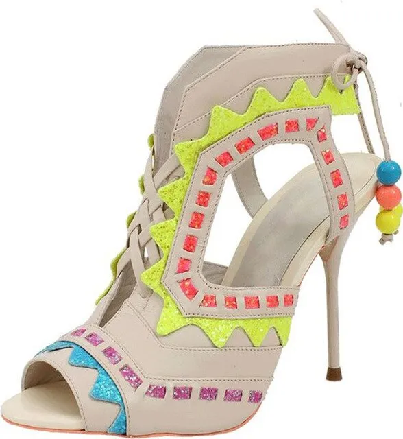 Hot Beading Spliced Heels Sandals Geometry Suede Patchwork Multi Beads Slingback Lace Up Sandals Peep Toe Stage Show Shoes