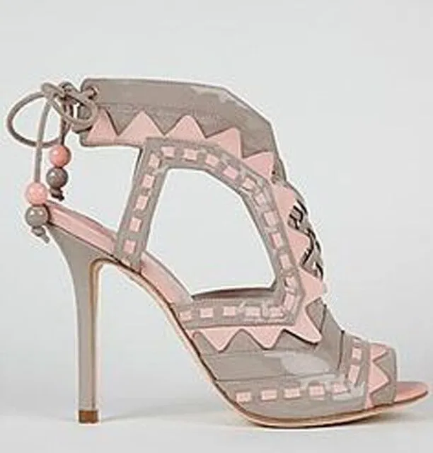 Hot Beading Spliced Heels Sandals Geometry Suede Patchwork Multi Beads Slingback Lace Up Sandals Peep Toe Stage Show Shoes