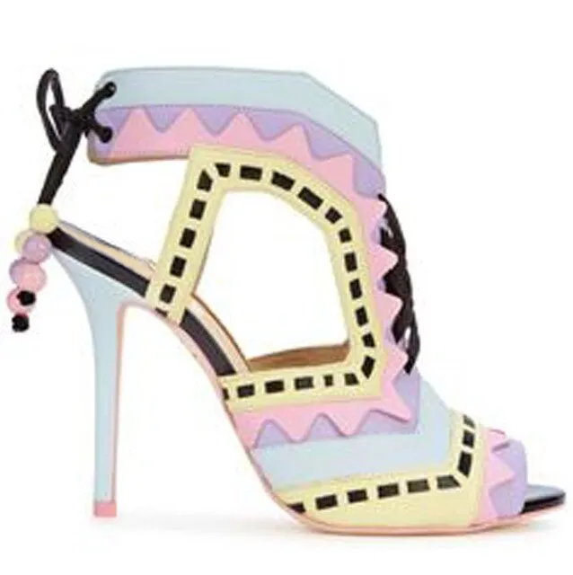 Hot Beading Spliced Heels Sandals Geometry Suede Patchwork Multi Beads Slingback Lace Up Sandals Peep Toe Stage Show Shoes