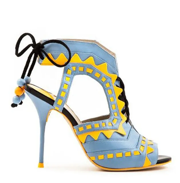Hot Beading Spliced Heels Sandals Geometry Suede Patchwork Multi Beads Slingback Lace Up Sandals Peep Toe Stage Show Shoes