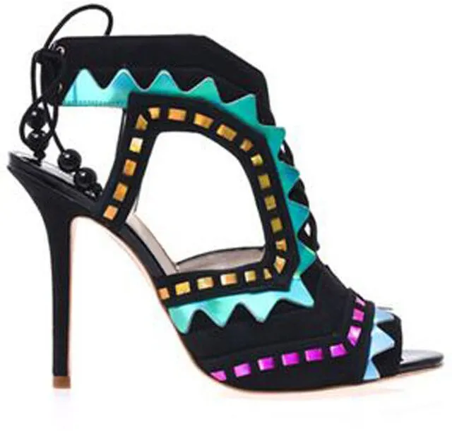 Hot Beading Spliced Heels Sandals Geometry Suede Patchwork Multi Beads Slingback Lace Up Sandals Peep Toe Stage Show Shoes