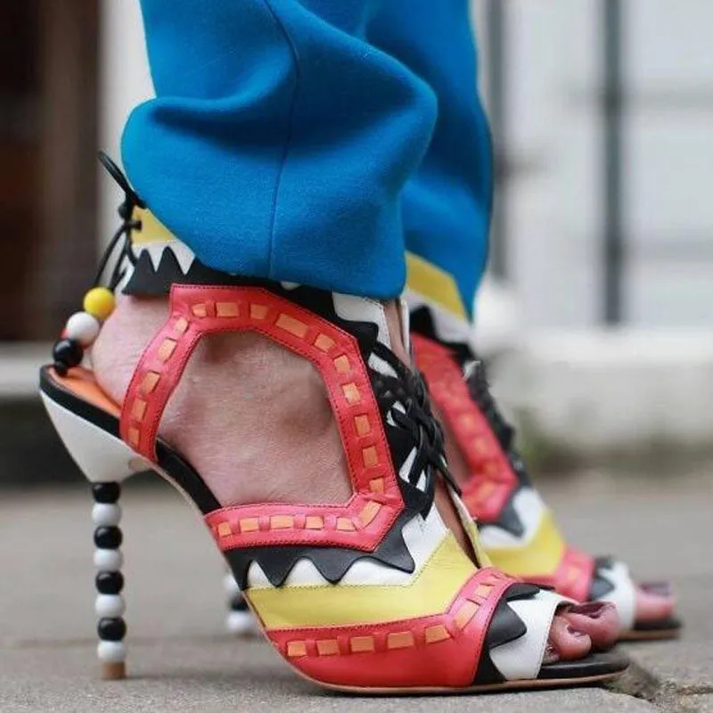 Hot Beading Spliced Heels Sandals Geometry Suede Patchwork Multi Beads Slingback Lace Up Sandals Peep Toe Stage Show Shoes