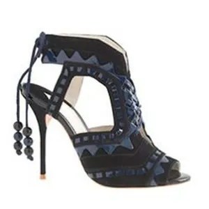 Hot Beading Spliced Heels Sandals Geometry Suede Patchwork Multi Beads Slingback Lace Up Sandals Peep Toe Stage Show Shoes