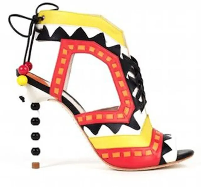 Hot Beading Spliced Heels Sandals Geometry Suede Patchwork Multi Beads Slingback Lace Up Sandals Peep Toe Stage Show Shoes