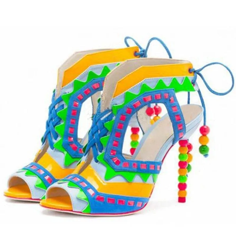 Hot Beading Spliced Heels Sandals Geometry Suede Patchwork Multi Beads Slingback Lace Up Sandals Peep Toe Stage Show Shoes