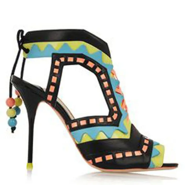 Hot Beading Spliced Heels Sandals Geometry Suede Patchwork Multi Beads Slingback Lace Up Sandals Peep Toe Stage Show Shoes