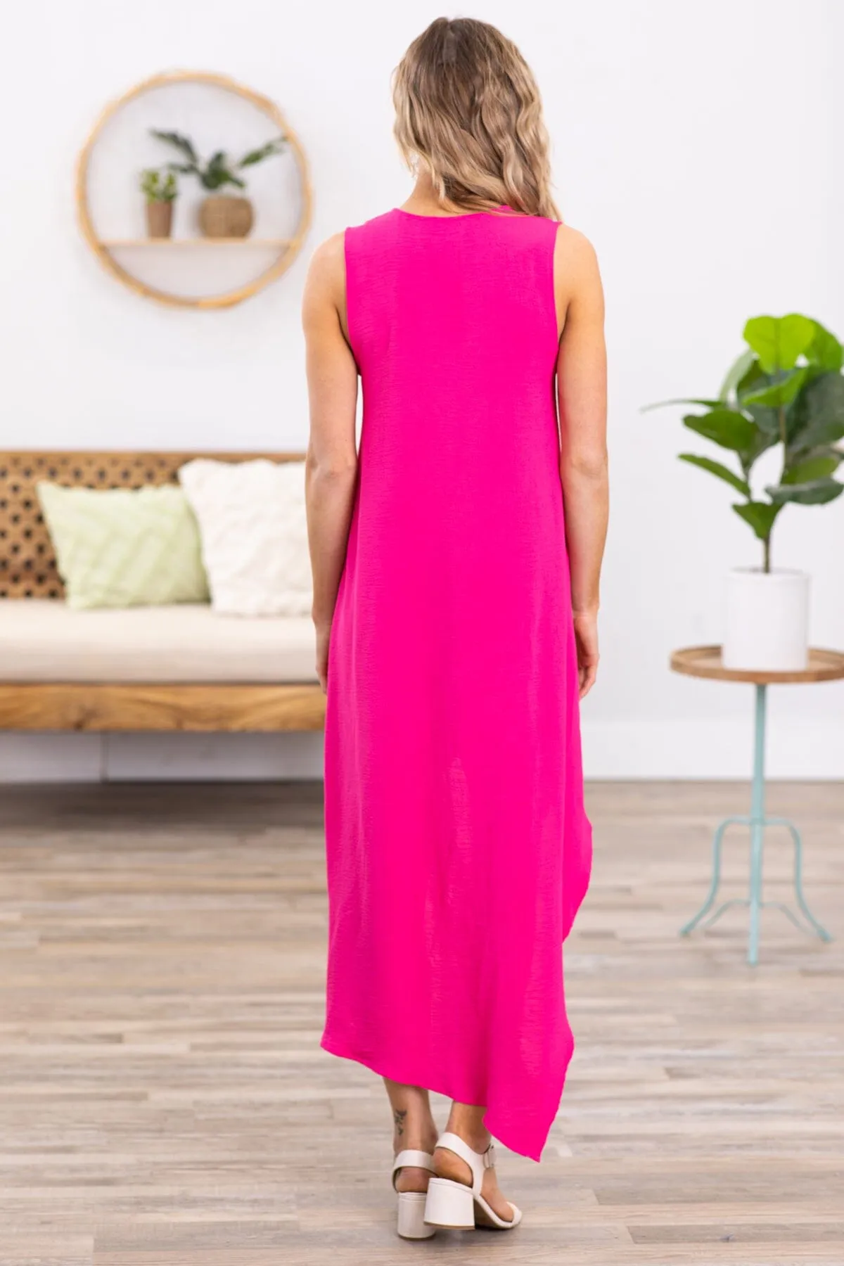 Hot Pink V-Neck Hi Lo Midi Dress