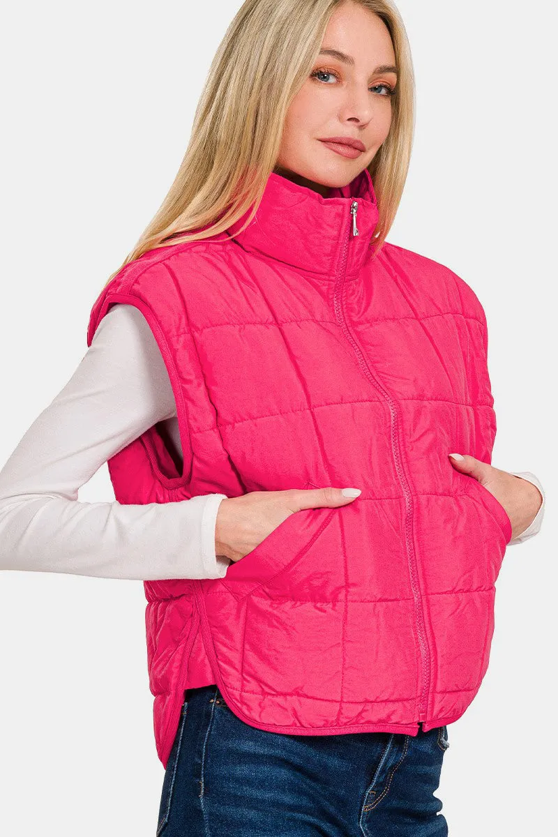 Hot Pink Zip Up Cropped Puffer Vest with Pockets