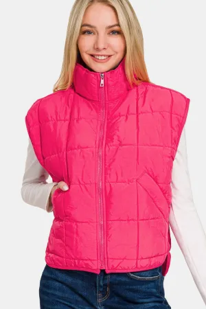Hot Pink Zip Up Cropped Puffer Vest with Pockets