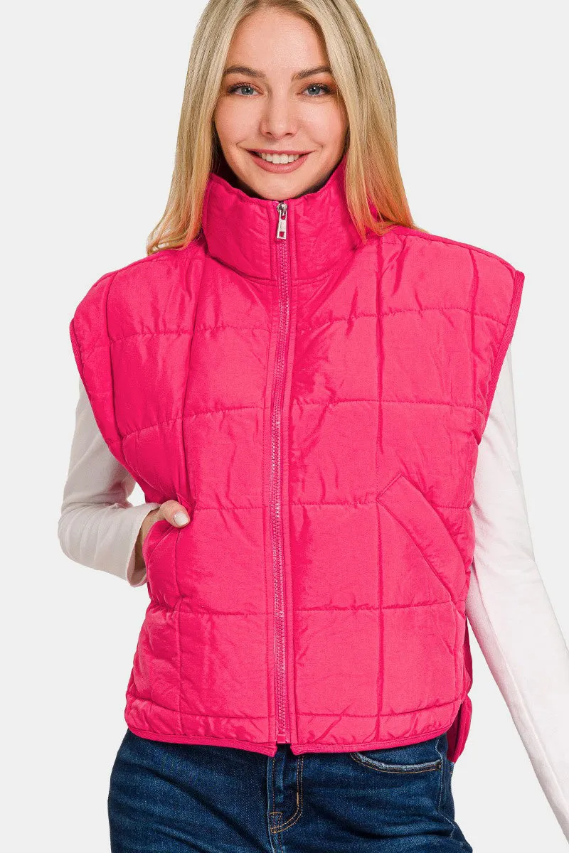 Hot Pink Zip Up Cropped Puffer Vest with Pockets