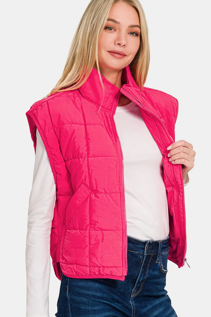 Hot Pink Zip Up Cropped Puffer Vest with Pockets