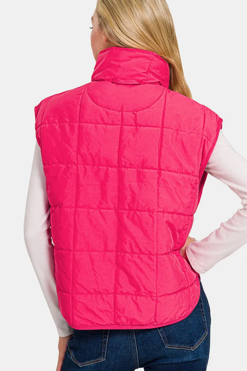 Hot Pink Zip Up Cropped Puffer Vest with Pockets