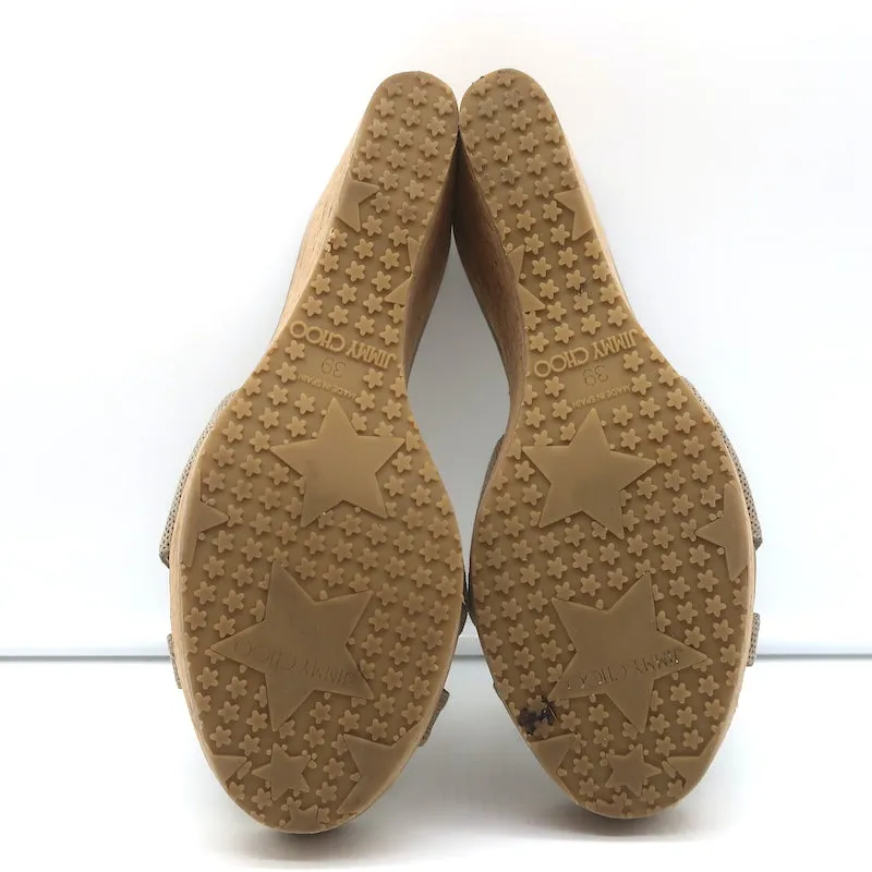 Jimmy Choo Perfume Cork Platform Wedge Sandals Taupe Embossed Leather Size 39