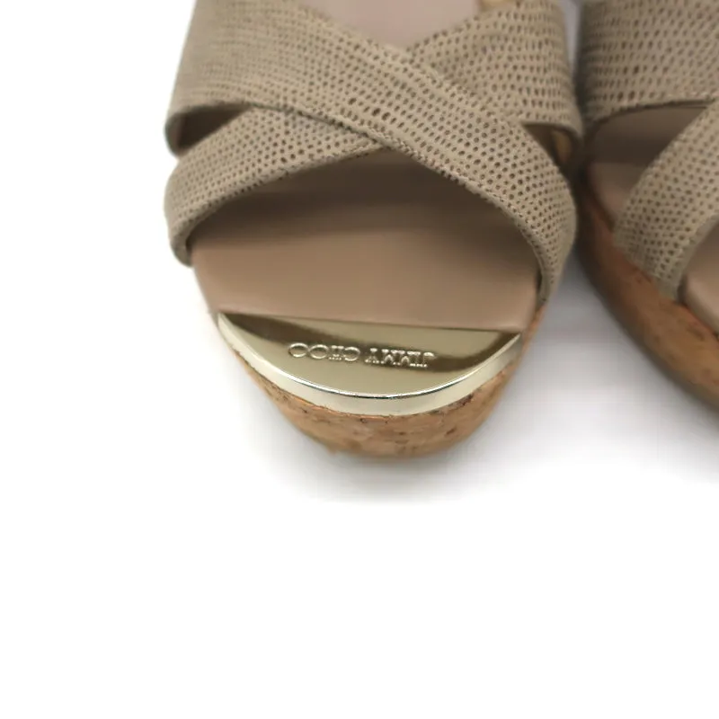 Jimmy Choo Perfume Cork Platform Wedge Sandals Taupe Embossed Leather Size 39