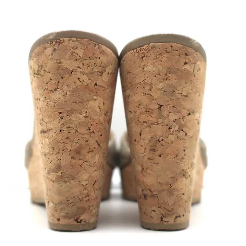 Jimmy Choo Perfume Cork Platform Wedge Sandals Taupe Embossed Leather Size 39