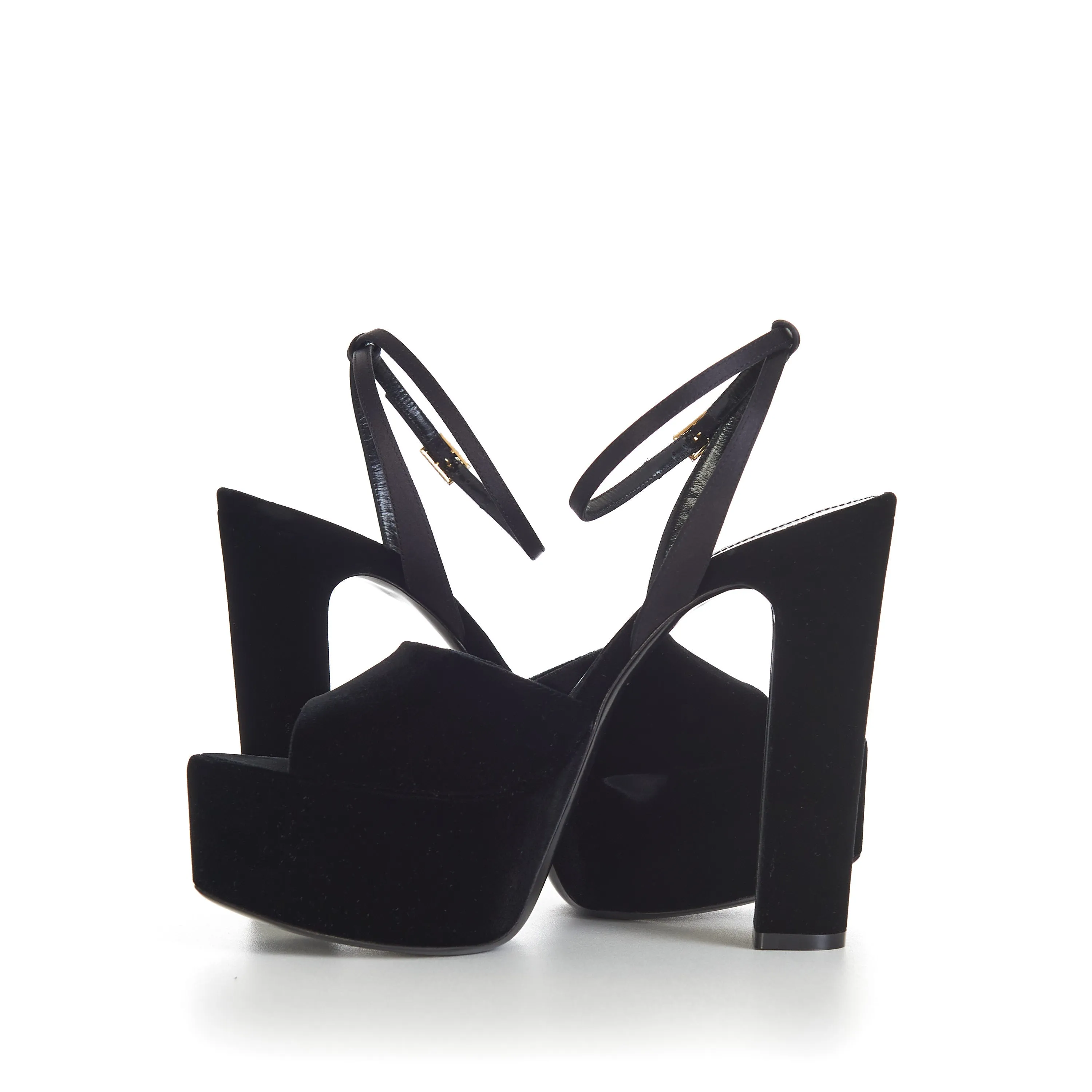 JODIE Black Platform Sandals - Velvet, Peep-Toe, Strass Buckle